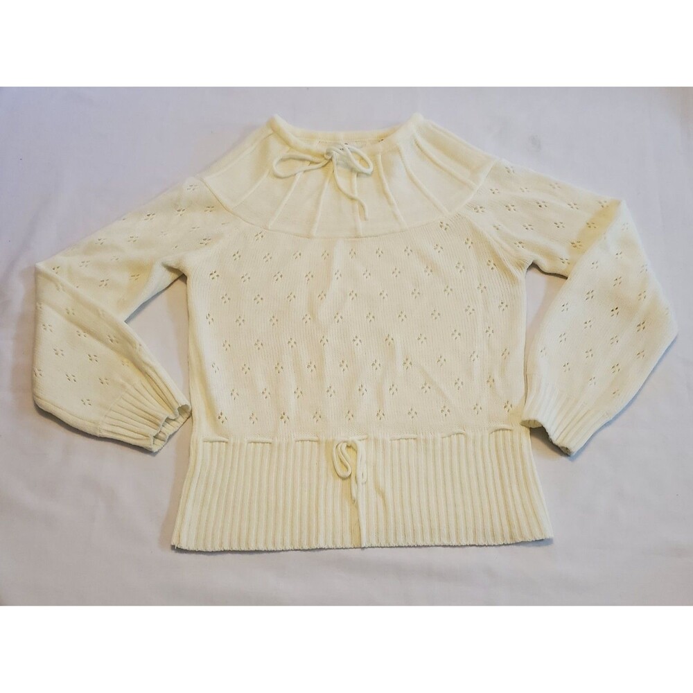 Vintage Riddle Womens Sz Small Tie Neck Sweater Cream Loose Acrylic Knit 50s